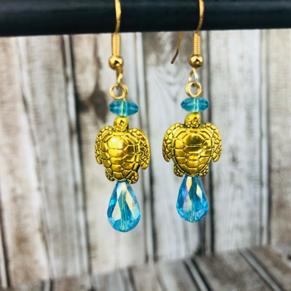 Teal Ocean Blue Crystal Dangle Sea Turtle Earrings